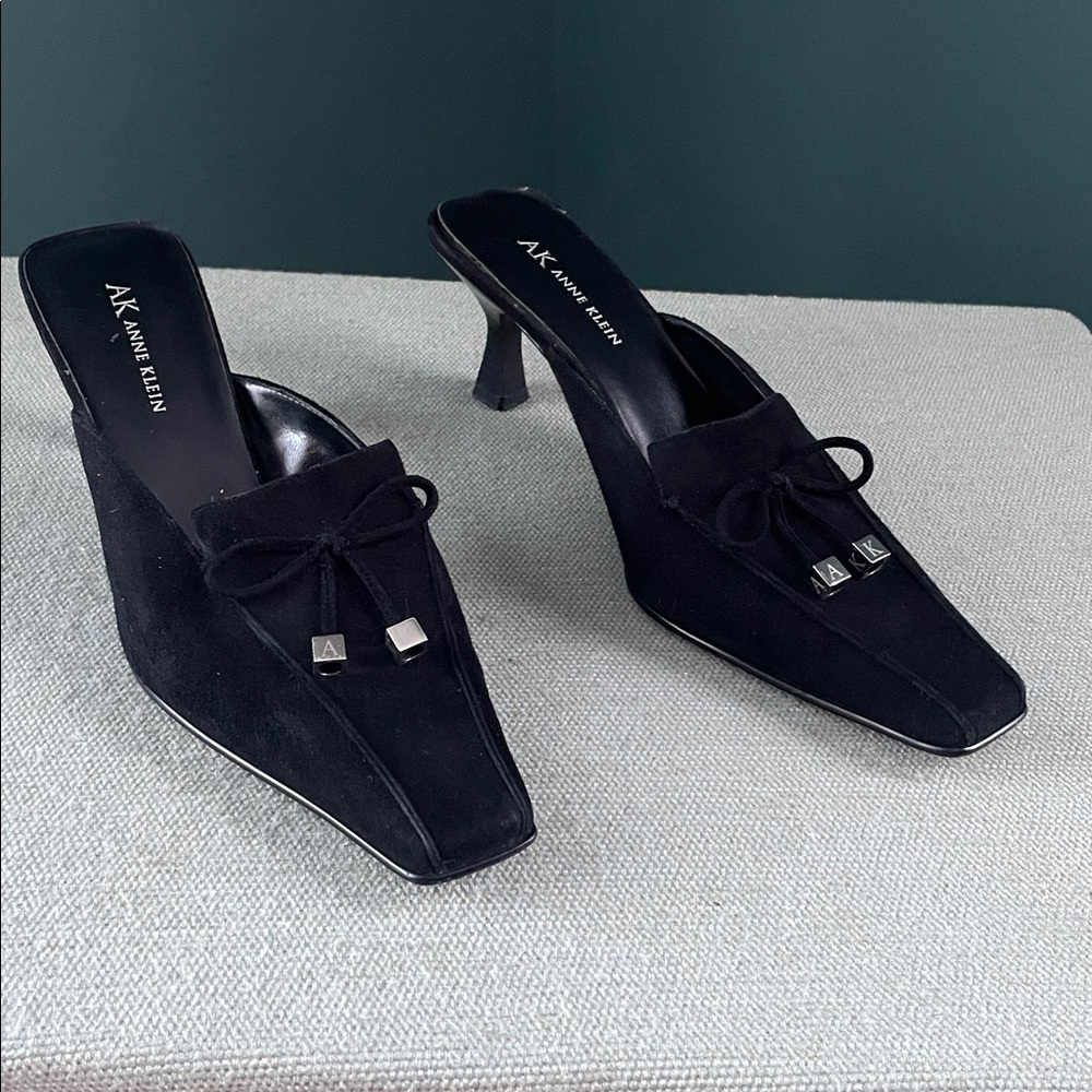 Anne Klein Black Suede Pointed Toe Mule Heels